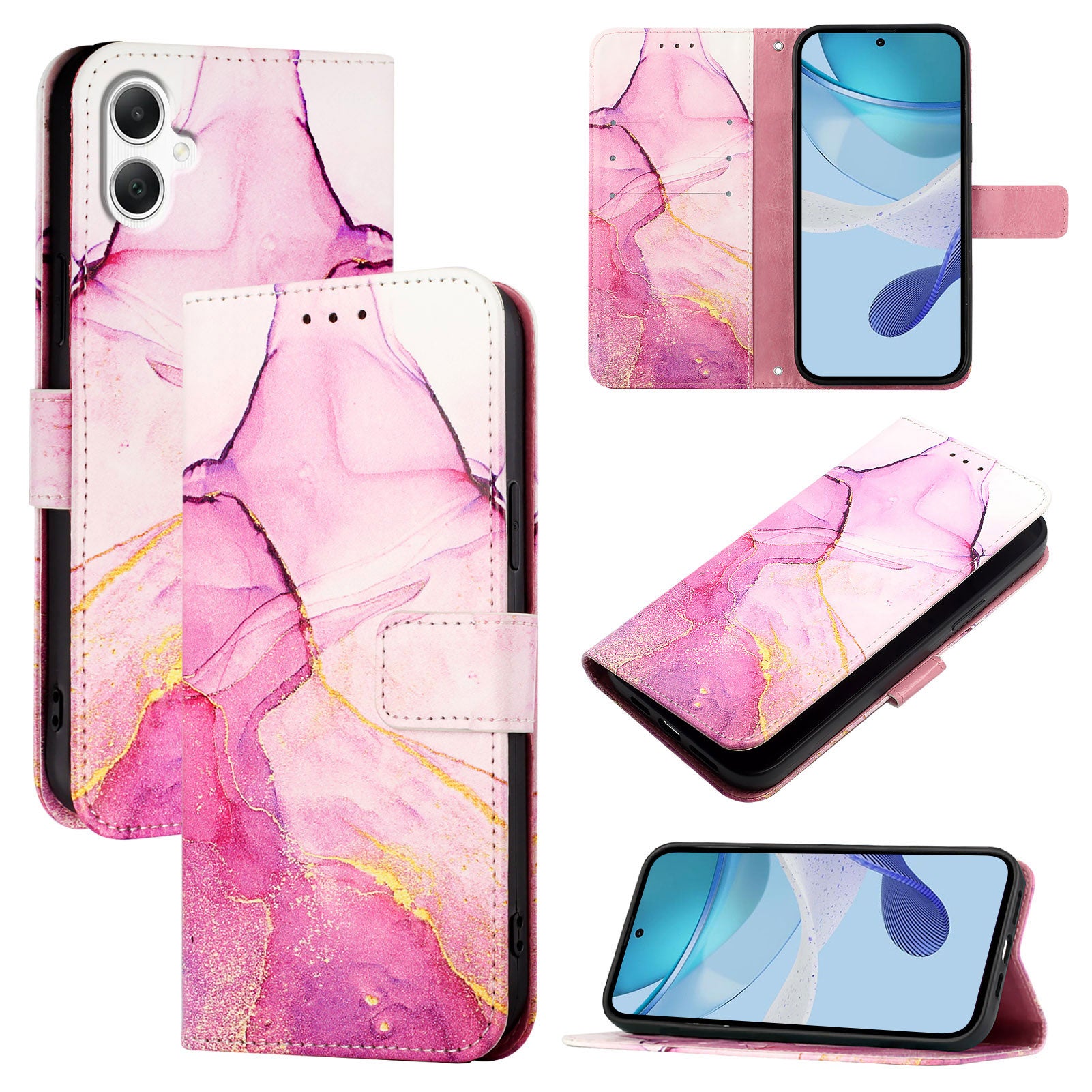 For Samsung Galaxy A06 Case YB Pattern Printing Leather Series-5 Marble Pattern Wallet Phone Cover - Pink / Purple / Gold LS001 For Samsung Galaxy A06 Case YB Pattern Printing Leather Series-5 Marble Pattern Wallet Phone Cover - Pink / Purple / Gold LS001